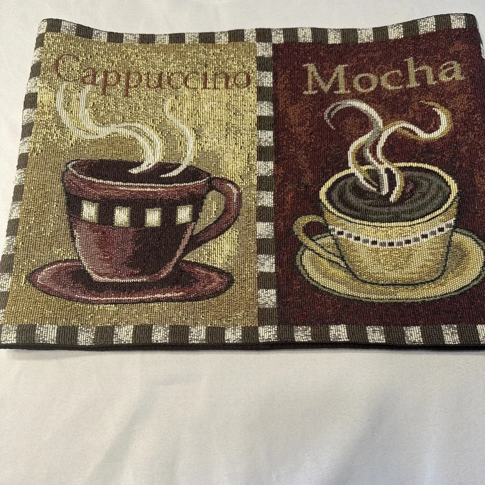 Coffee Tapestry Table‎ Runner Cafe Mocha Cup Cappuccino Cup Tan & Burgundy 52x12
